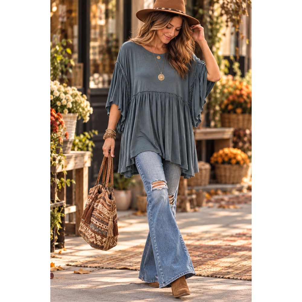 Natural Life Mineral Wash Boho Babydoll Tunic Top Flutter Sleeve Gray Blue M